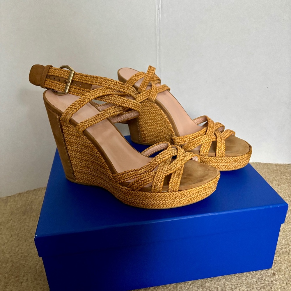 Stuart Weitzman Wedge Sandals Size 9 Tan Brown Espadrilles Braided Ankle Straps